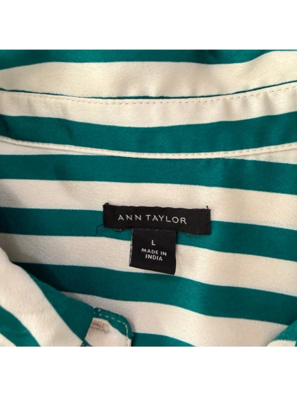 Ann Taylor Green White Stripe Satin Button Up Long Sleeve Blouse Top Shirt LARGE - Picture 4 of 8
